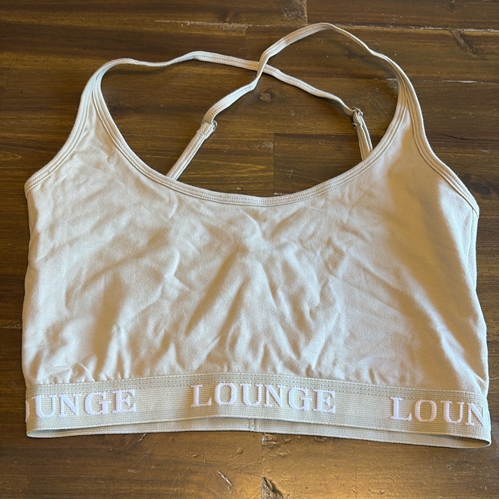 Lounge Bralette Tan Nude Cream Logo Band Cris Cross Back Crop Top M Active